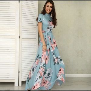 Floral Blue Ankle Length Dress